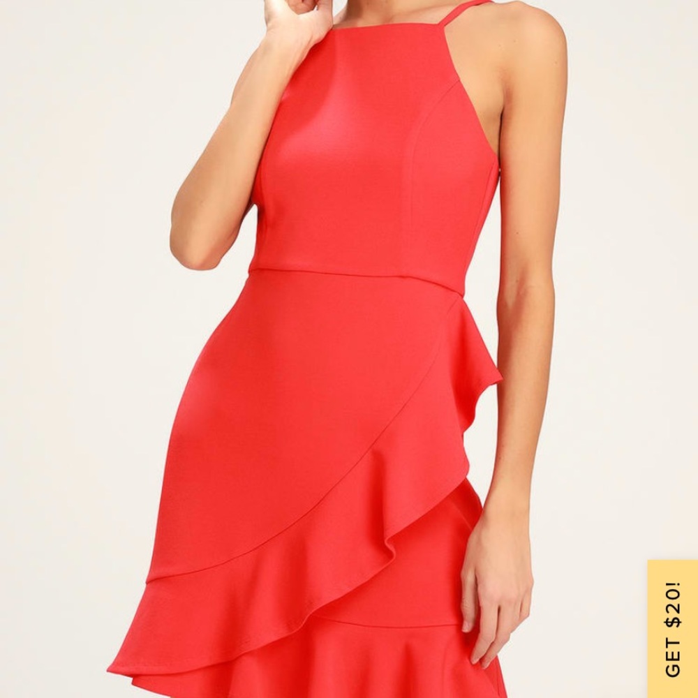 Lulus Great Things Coral Red Ruffled Bodycon Dress